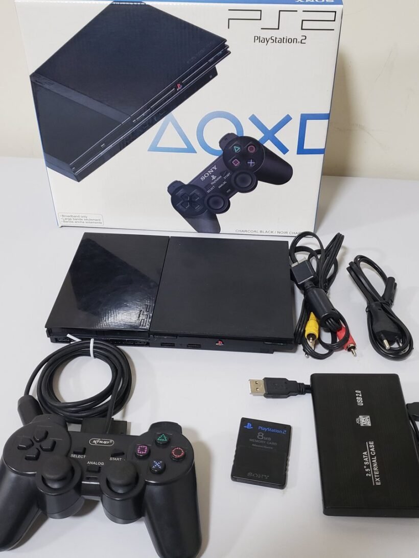 PS2 NA CAIXA + 1 CONTROLE + MEMORY CARD (BOOT OPENGL) + 1 HD 1TB (JOGOS)