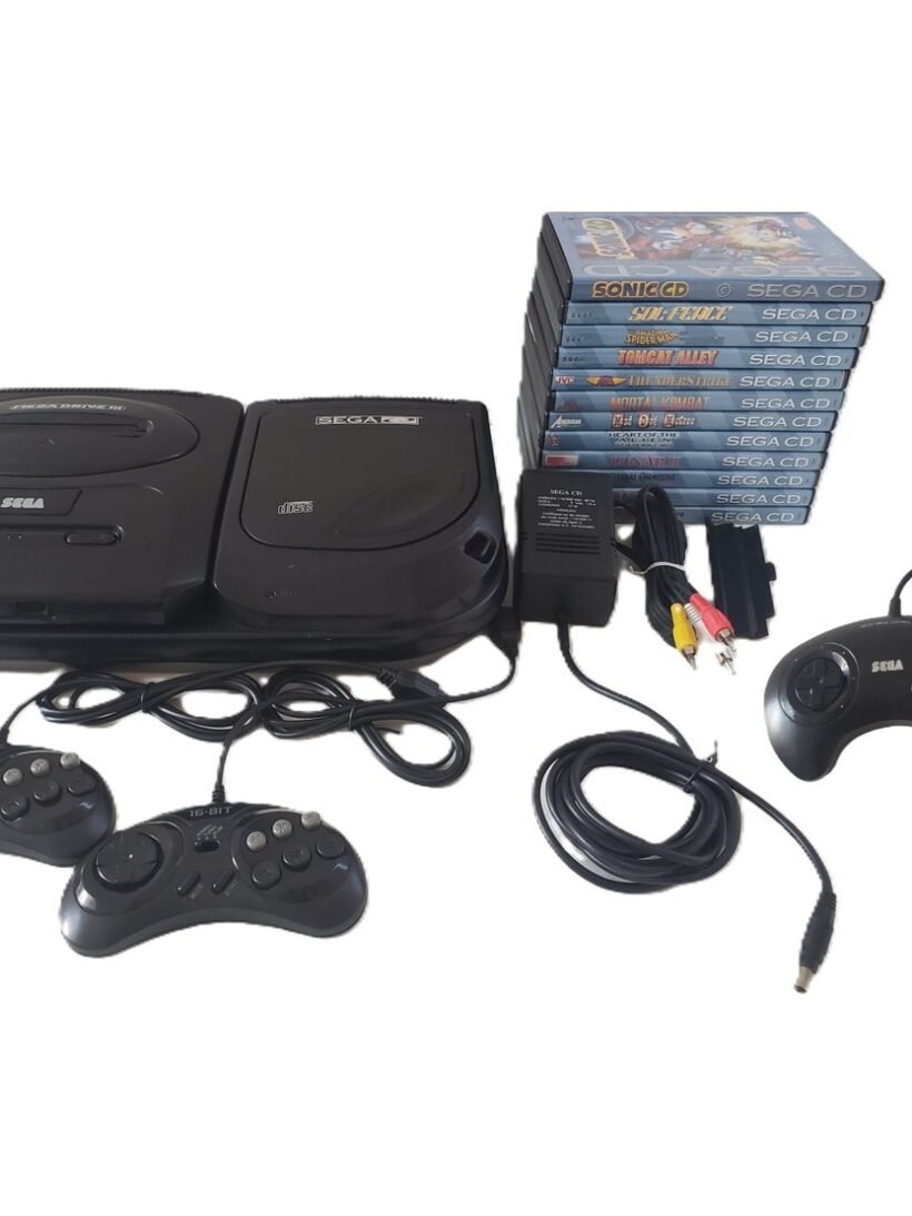 SEGACD + FONTE + 12 JOGOS DE SEGACD + MEGADRIVE 3 + 3 CONTROLES (1 ORIGINAL + 2 PARALELOS COM TURBO)