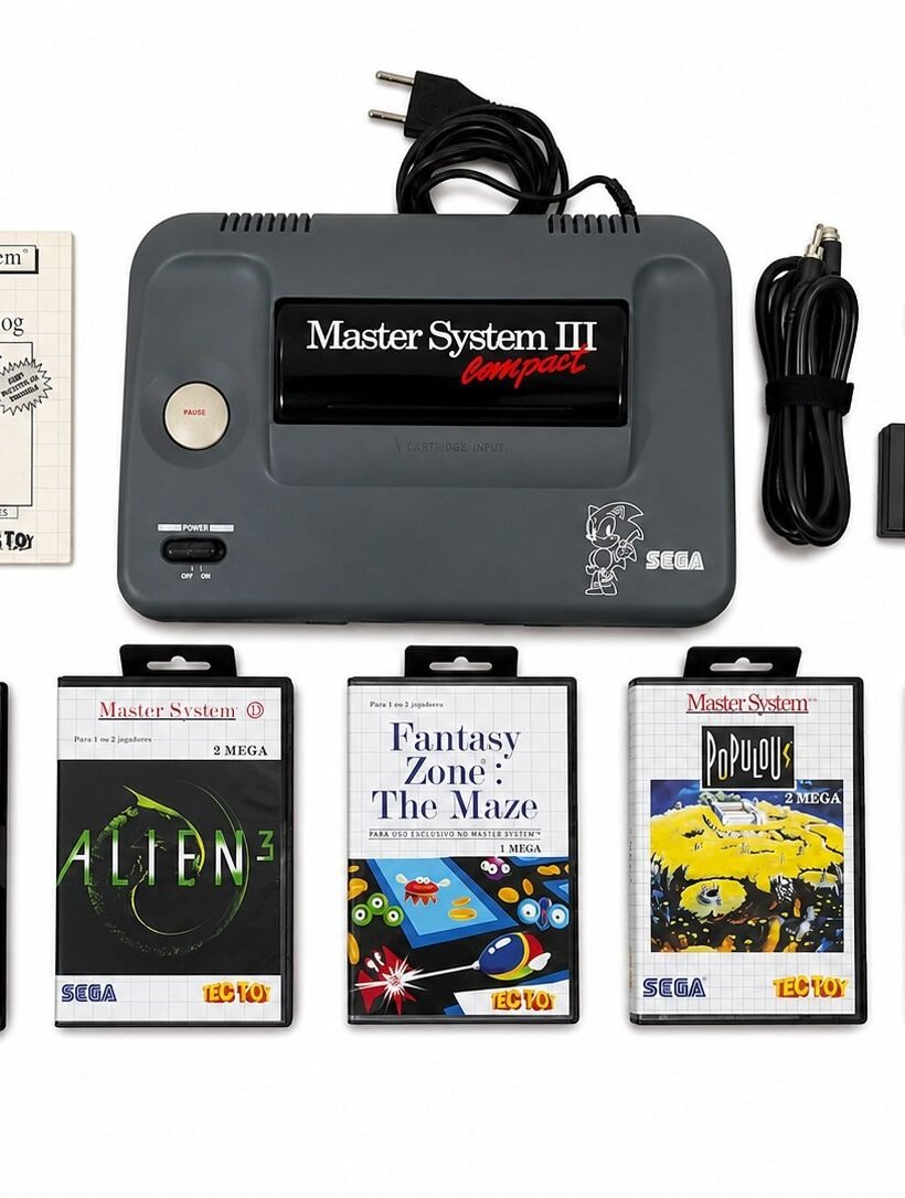 MASTER SYSTEM 3 + MANUAL +1 JOGO NA MEMORIA + 1 CONTROLE ORIGINAL + 5 JOGOS ORIGINAIS + CAIXA DE LOCADORA